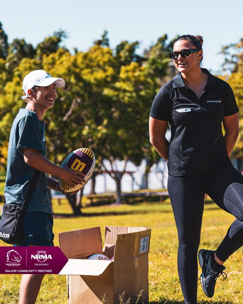 Absolutely wonderful to see so many NDIS participants being given the opportunity to Kick their own personal goals with the help of Wellbeing Code AU the Brisbane Broncos and David Shillington John Asiata helped Millie Boyle and David Shillington launch the Kicking Goals Program